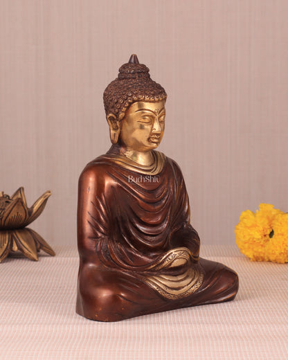 Pure Brass Buddha in Meditation Statue - Dual Tone, 7.5"