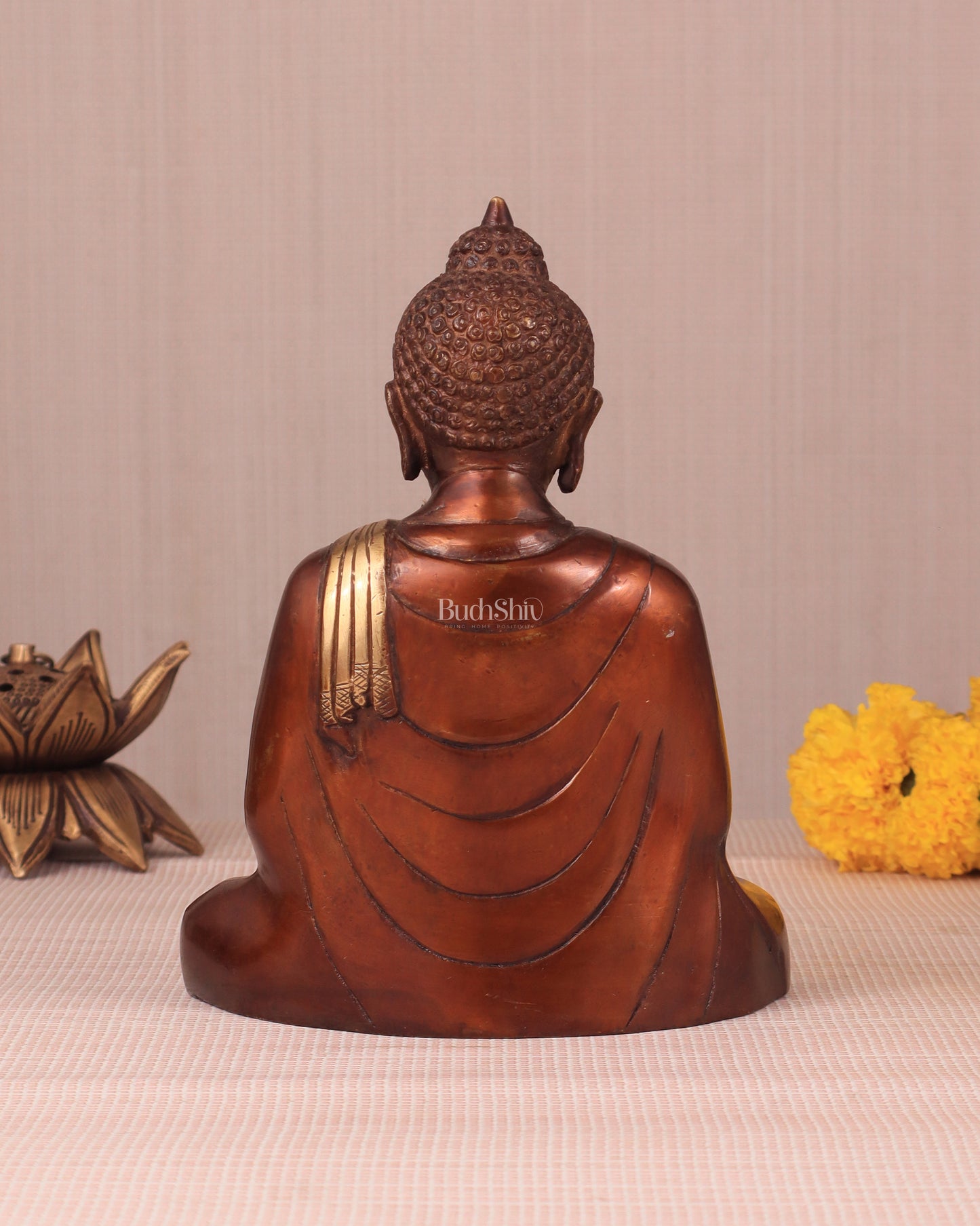 Pure Brass Buddha in Meditation Statue - Dual Tone, 7.5"