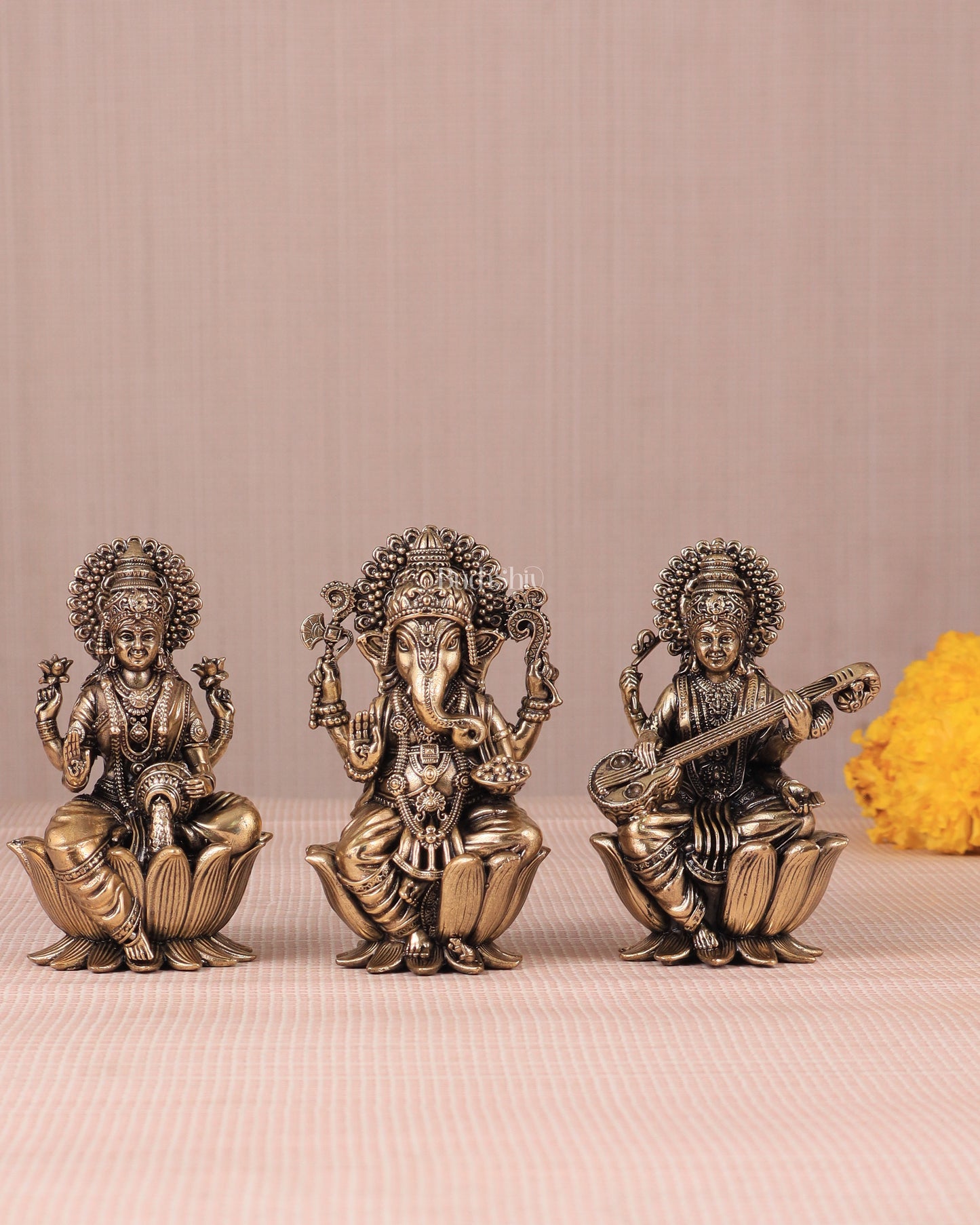 Brass Superfine Ganesh Lakshmi Saraswati Idols - 4 Inch lotus base