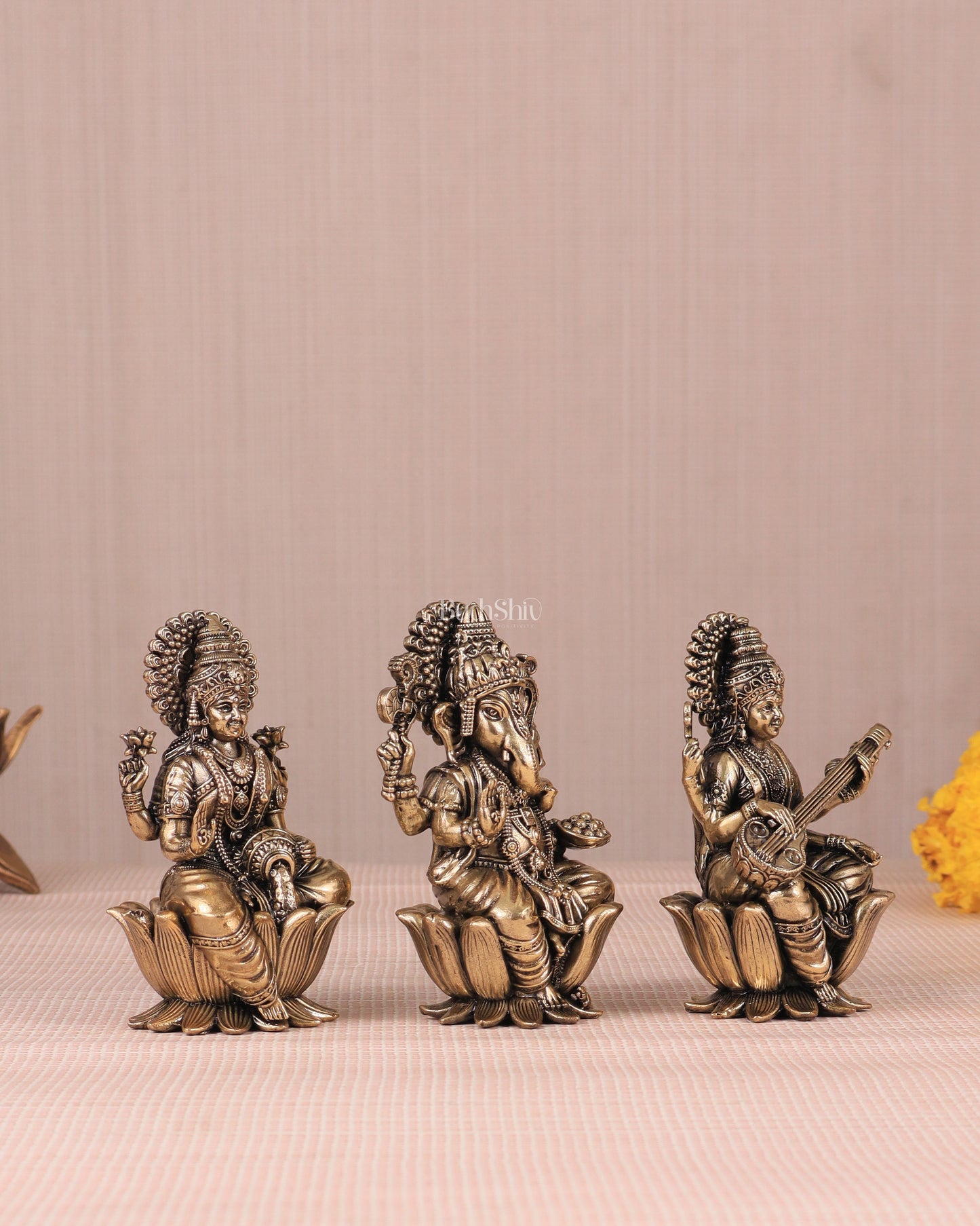 Brass Superfine Ganesh Lakshmi Saraswati Idols - 4 Inch lotus base