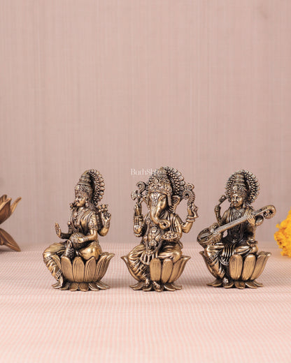 Brass Superfine Ganesh Lakshmi Saraswati Idols - 4 Inch lotus base