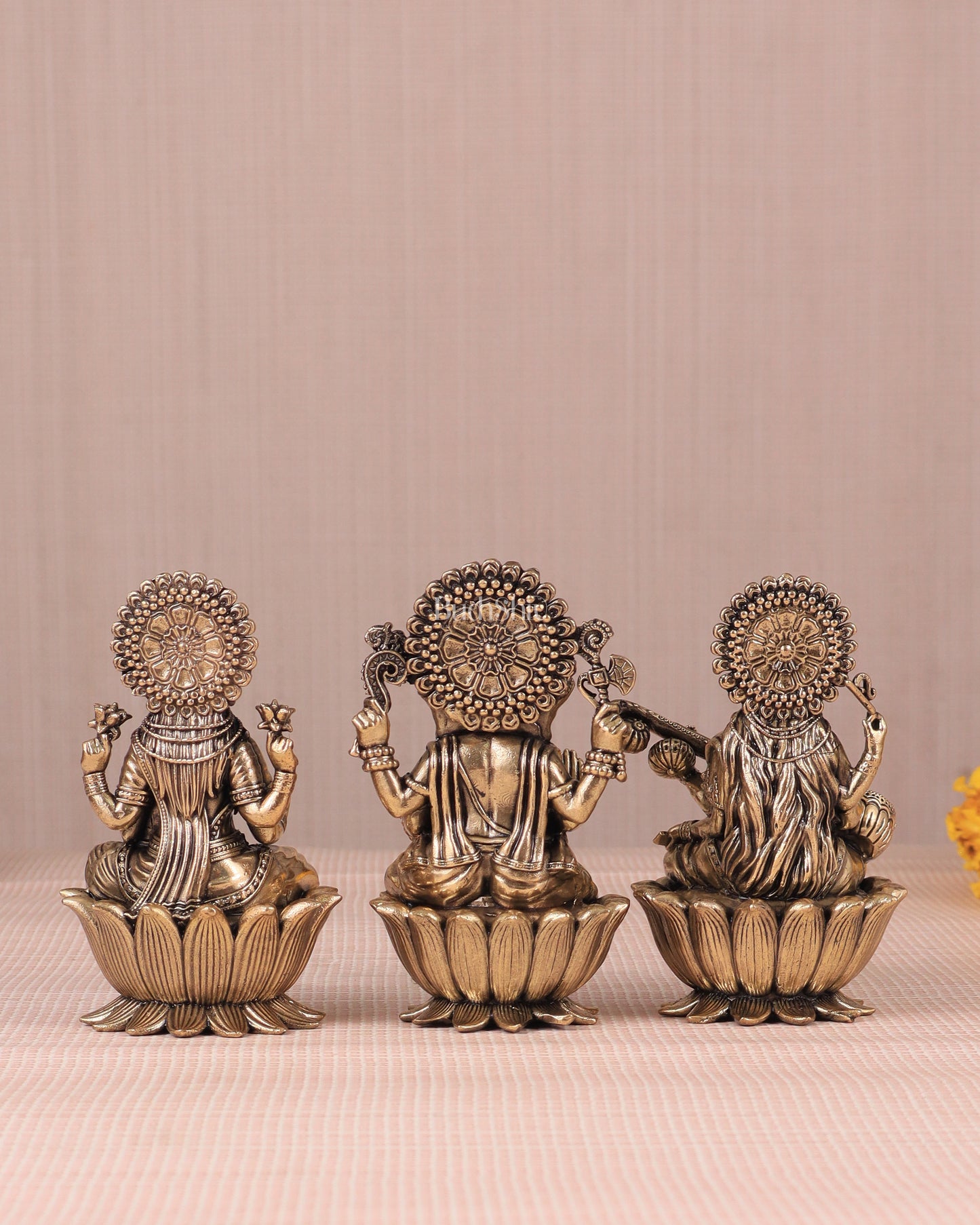 Brass Superfine Ganesh Lakshmi Saraswati Idols - 4 Inch lotus base