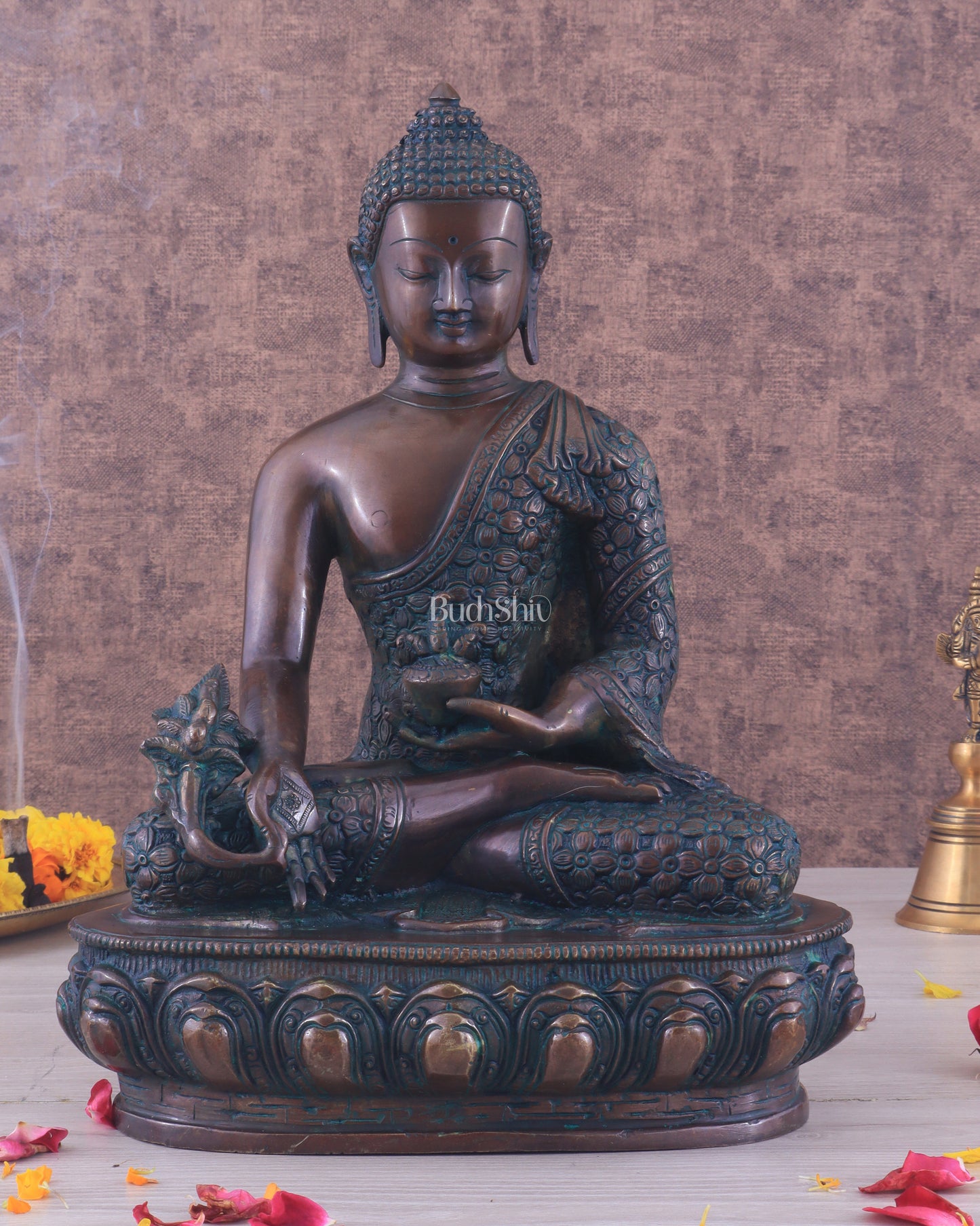 Pure Brass Antique Buddha medicine Statue - 13.5" Height