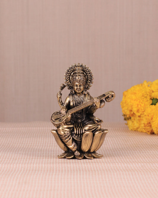 Brass Superfine Saraswati Idol - 4 Inch lotus base