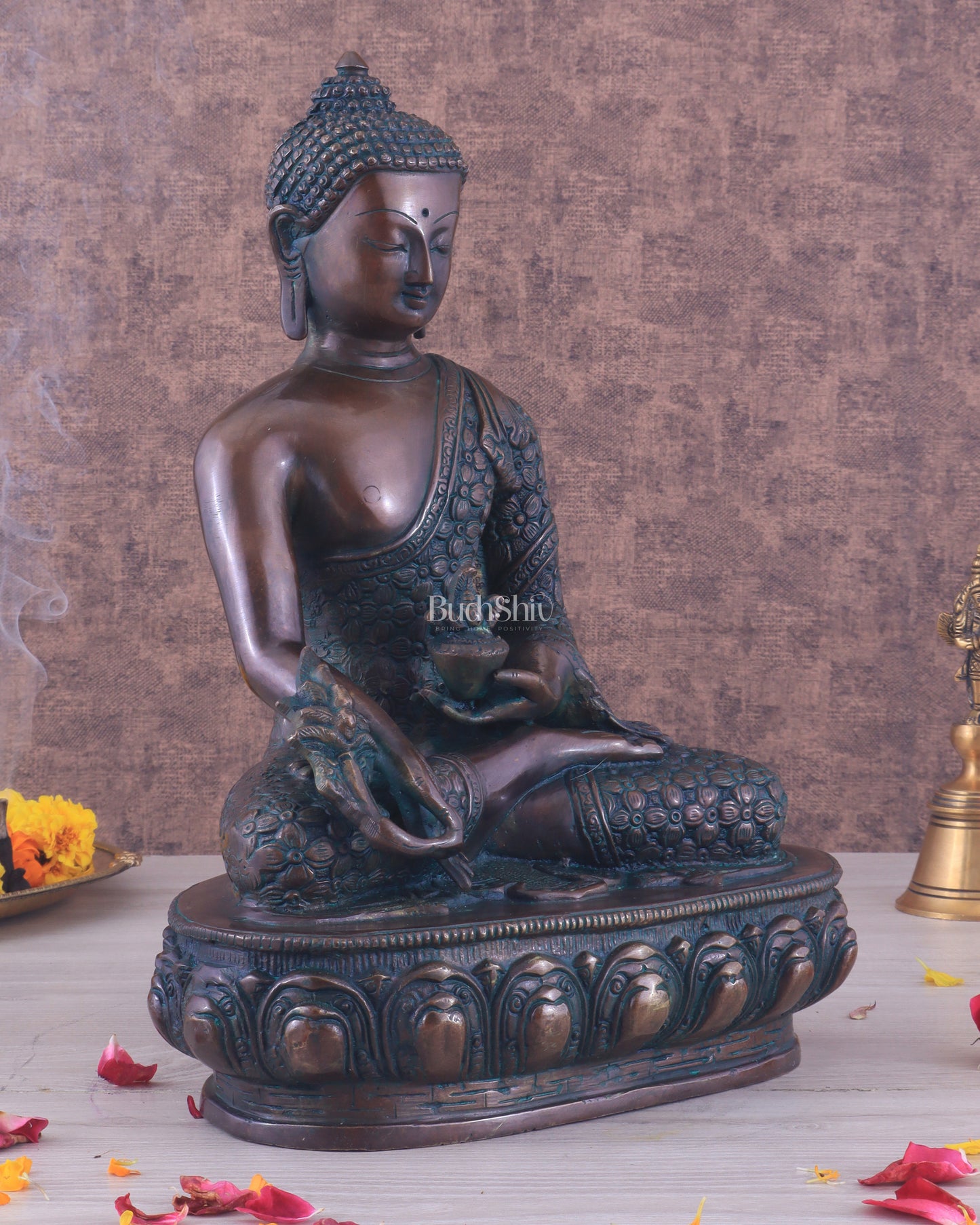 Pure Brass Antique Buddha medicine Statue - 13.5" Height