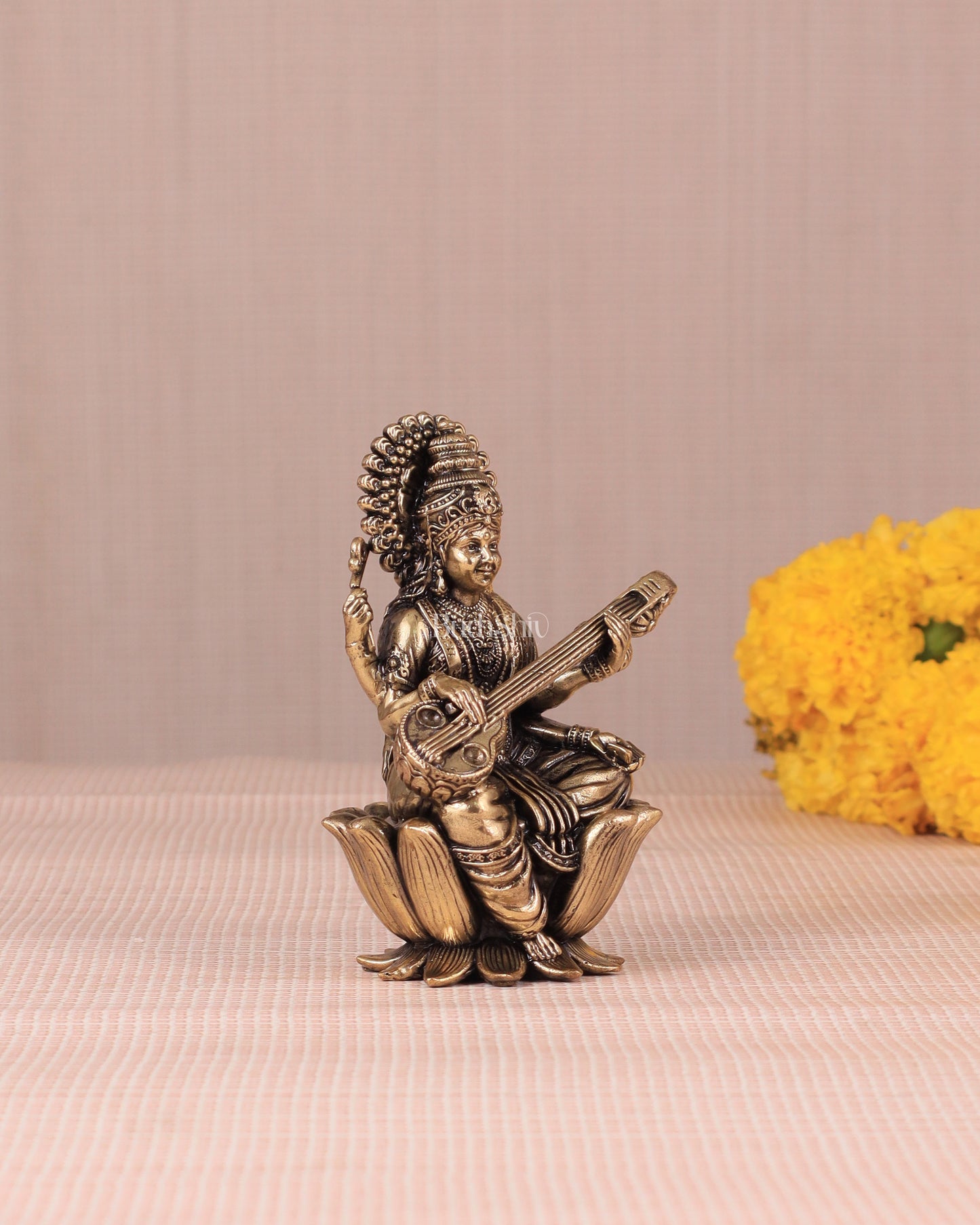 Brass Superfine Saraswati Idol - 4 Inch lotus base