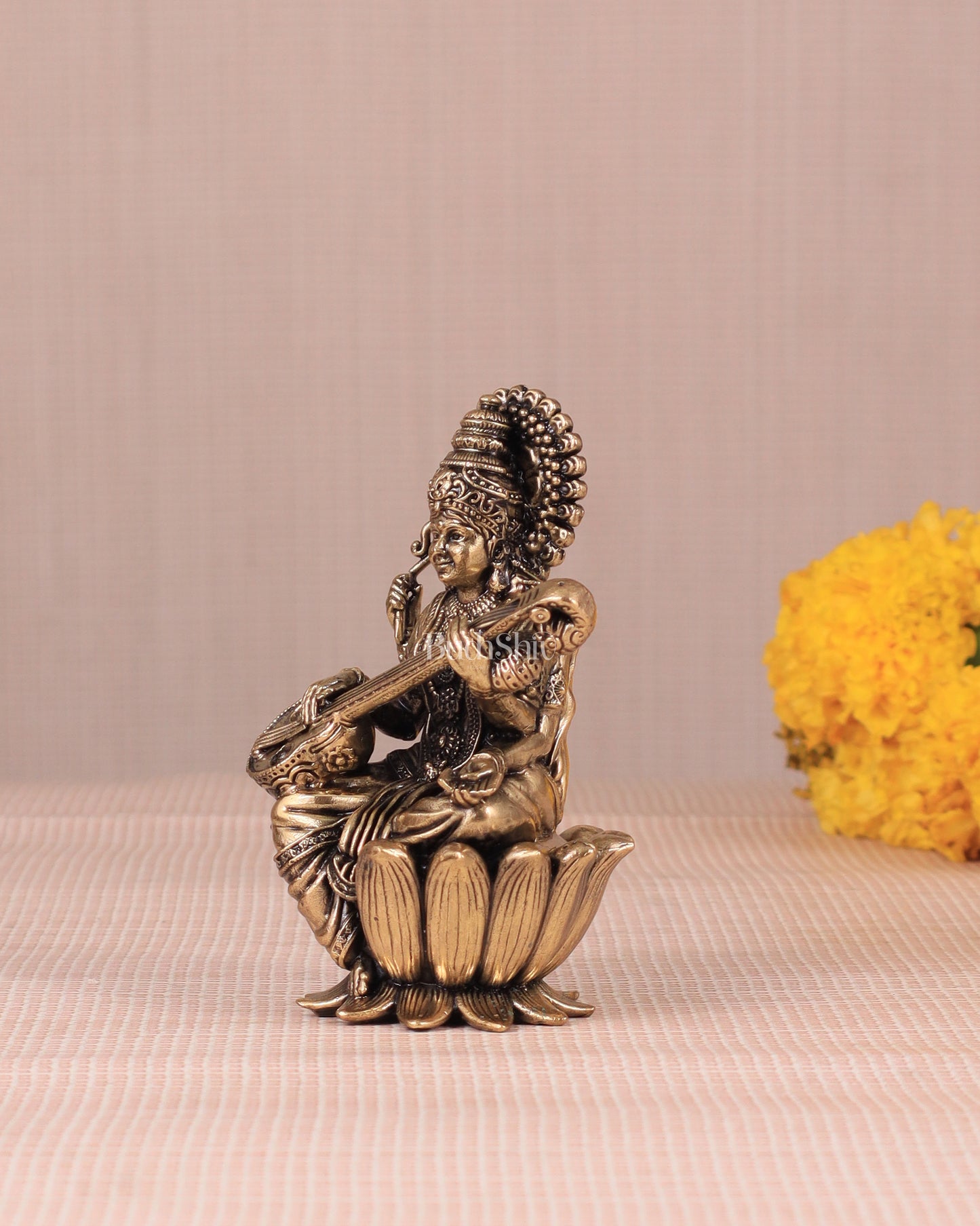 Brass Superfine Saraswati Idol - 4 Inch lotus base