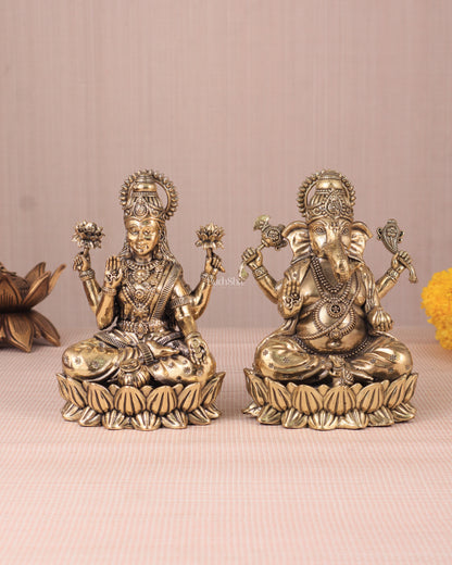 Intricate Ganesha and Lakshmi Superfine Brass Idols with Clear Detailing 6"