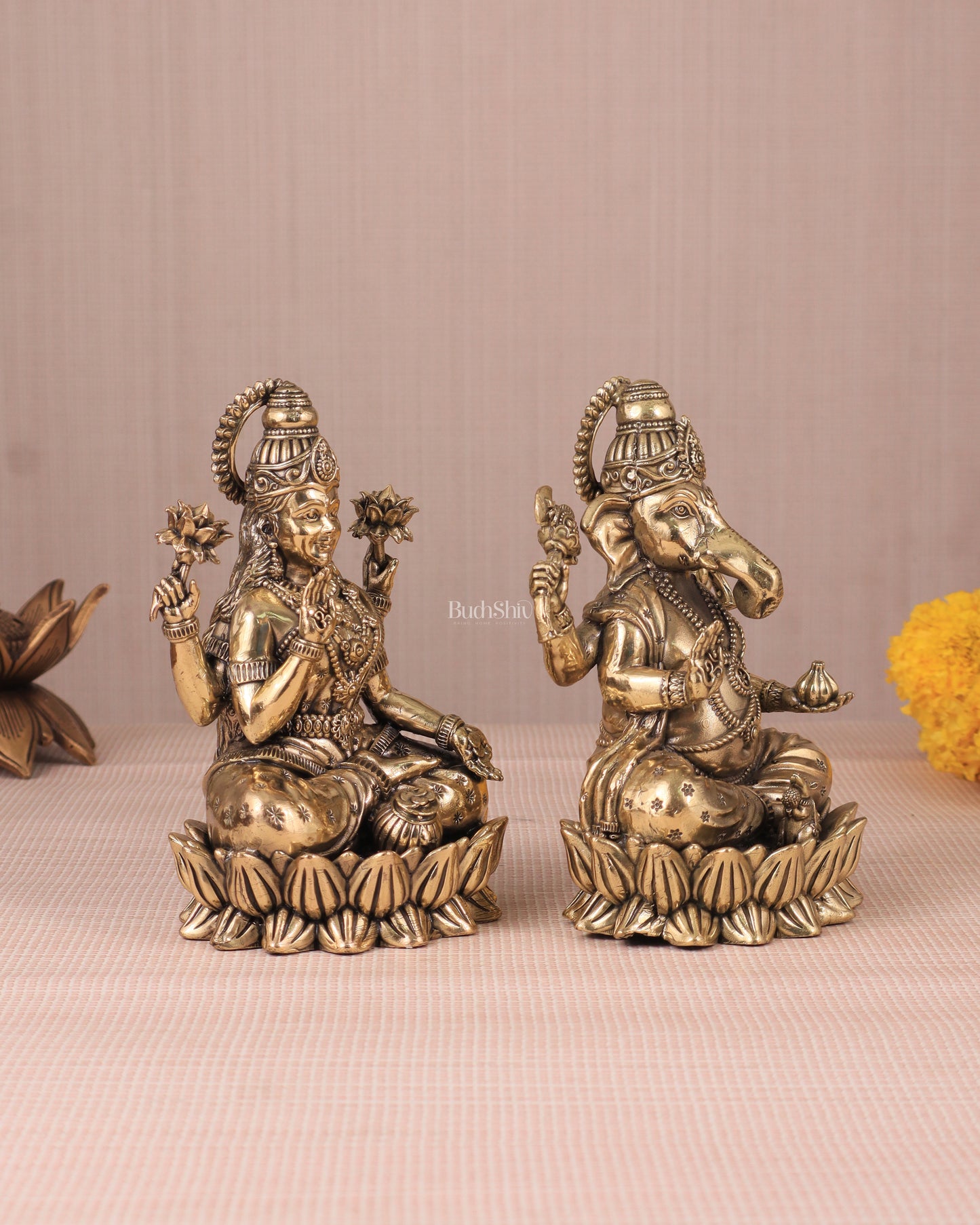 Intricate Ganesha and Lakshmi Superfine Brass Idols with Clear Detailing 6"