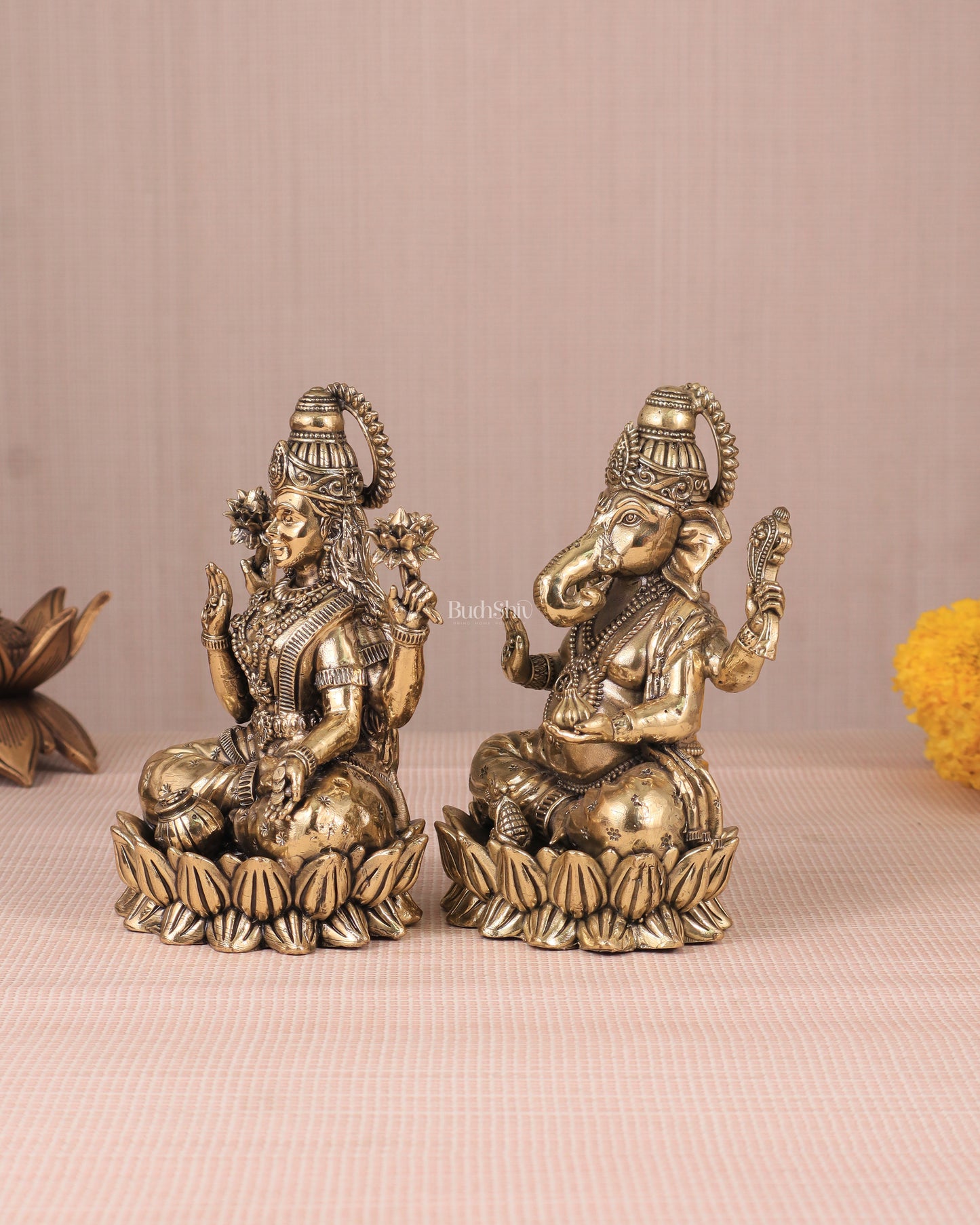 Intricate Ganesha and Lakshmi Superfine Brass Idols with Clear Detailing 6"