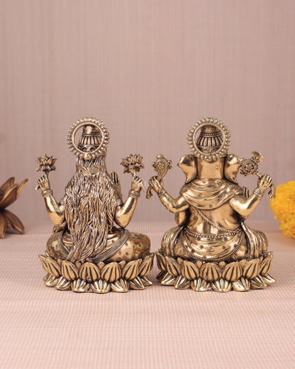 Intricate Ganesha and Lakshmi Superfine Brass Idols with Clear Detailing 6"