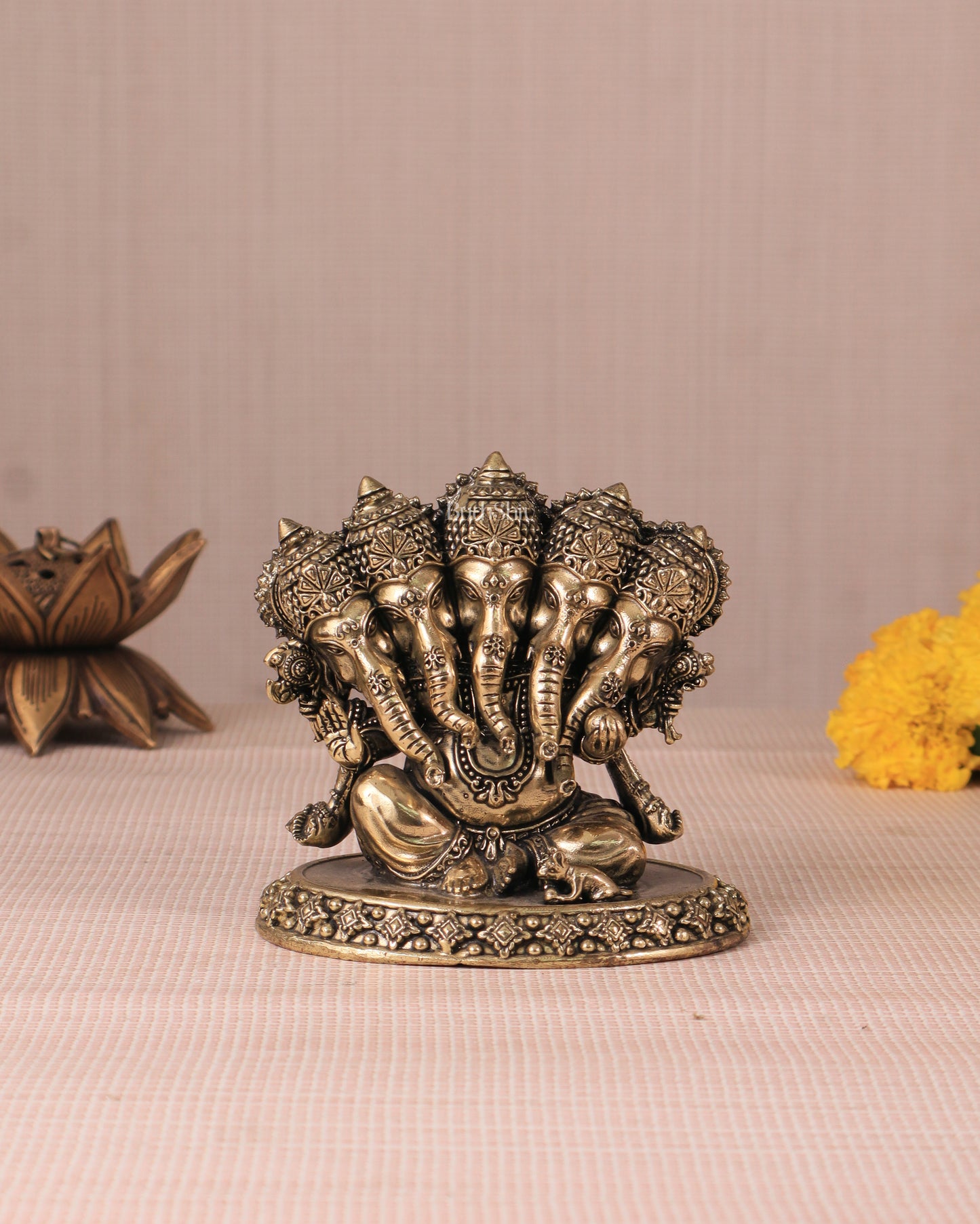 Panchmukhi Ganesha (Five-Faced) Superfine Intricate Pure Brass Idol - 4.25"