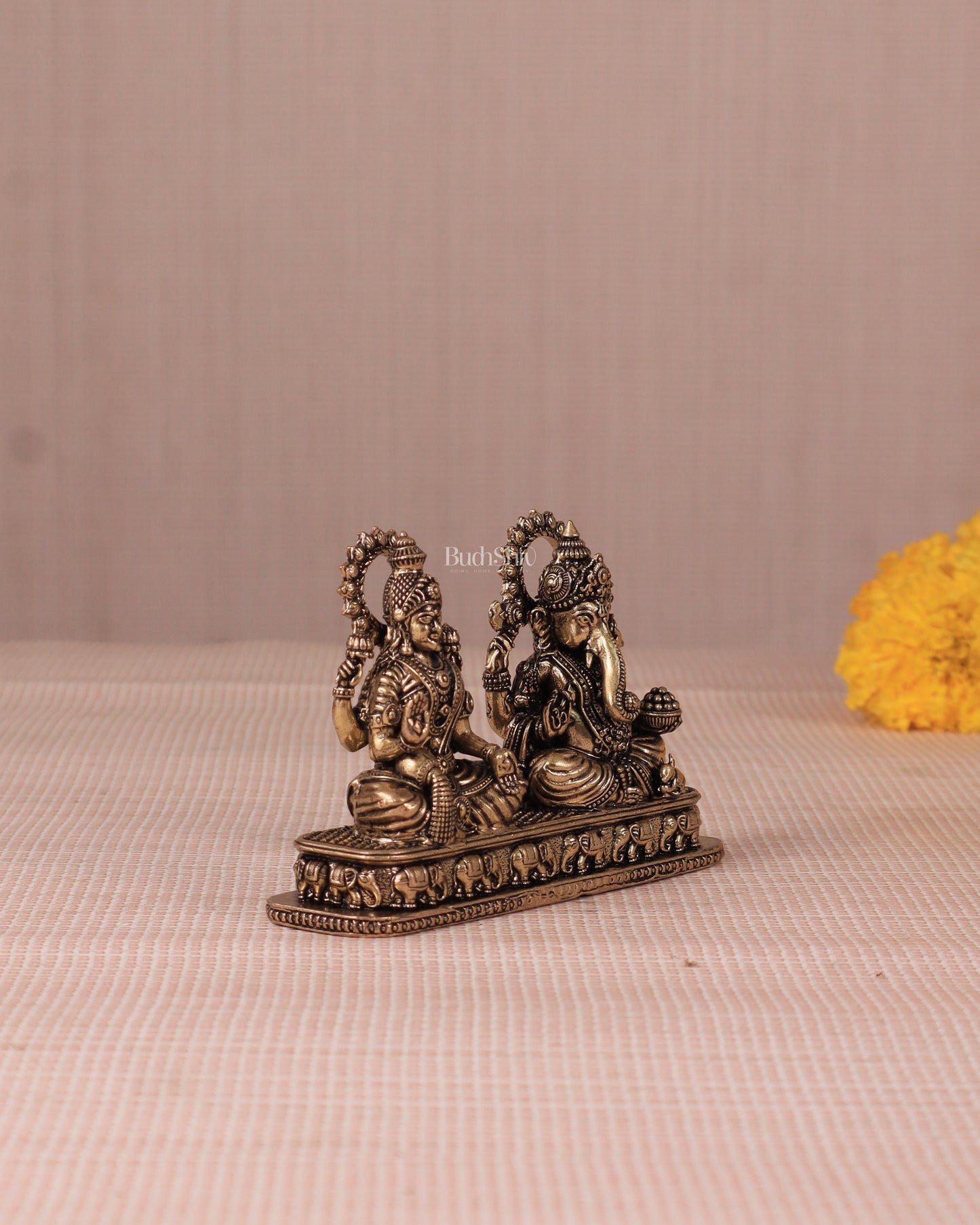 Ganesh Lakshmi Brass Idol on Same Base - Intricate Superfine, 3"