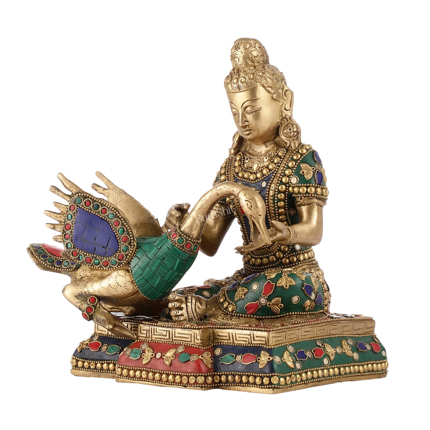 Brass Buddha Healing the Swan Statue | Meenakari Art | 9" Height