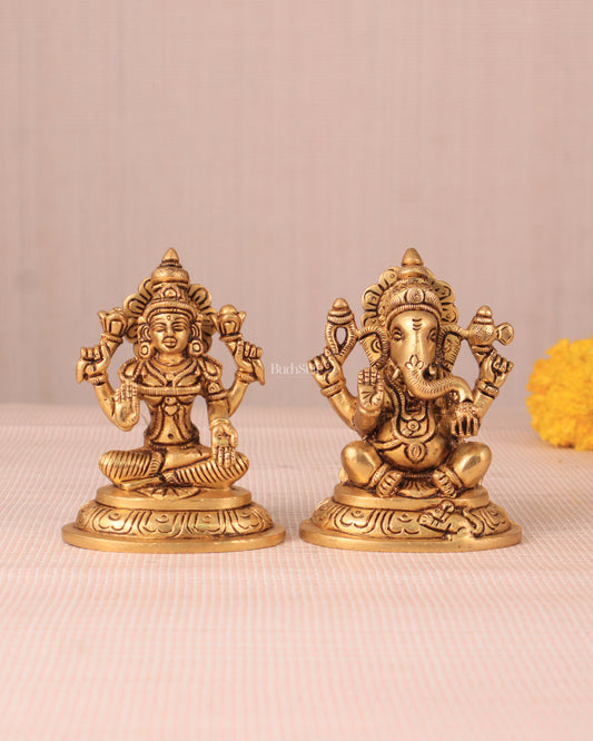 Brass Superfine Ganesha and Lakshmi Idol Pair - 4"