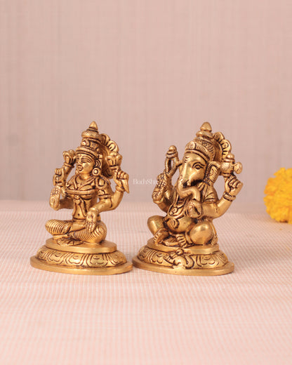 Brass Superfine Ganesha and Lakshmi Idol Pair - 4"