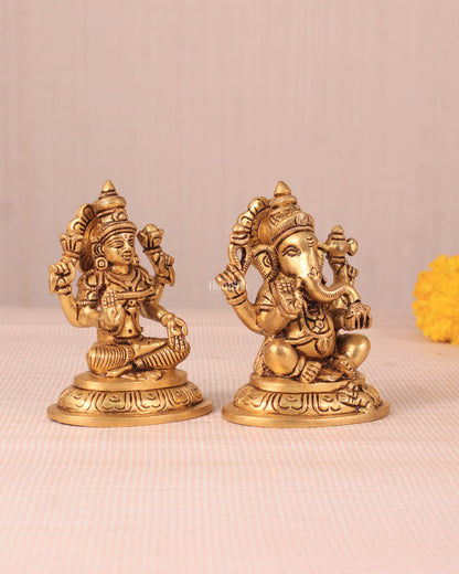 Brass Superfine Ganesha and Lakshmi Idol Pair - 4"