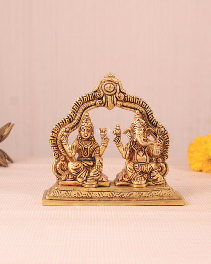 Pure Brass Lord Ganesha and Lakshmi Seated Together Idol - 5.5"