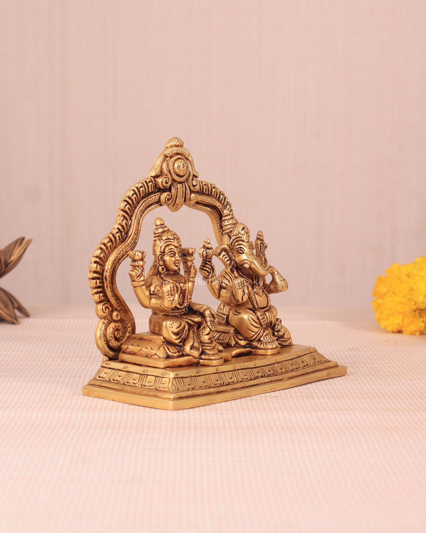 Pure Brass Lord Ganesha and Lakshmi Seated Together Idol - 5.5"