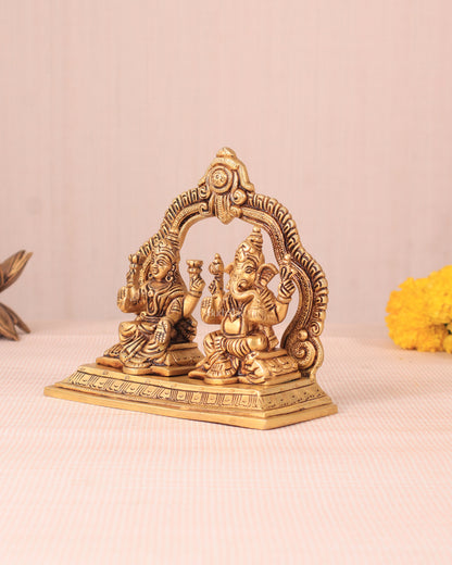 Pure Brass Lord Ganesha and Lakshmi Seated Together Idol - 5.5"