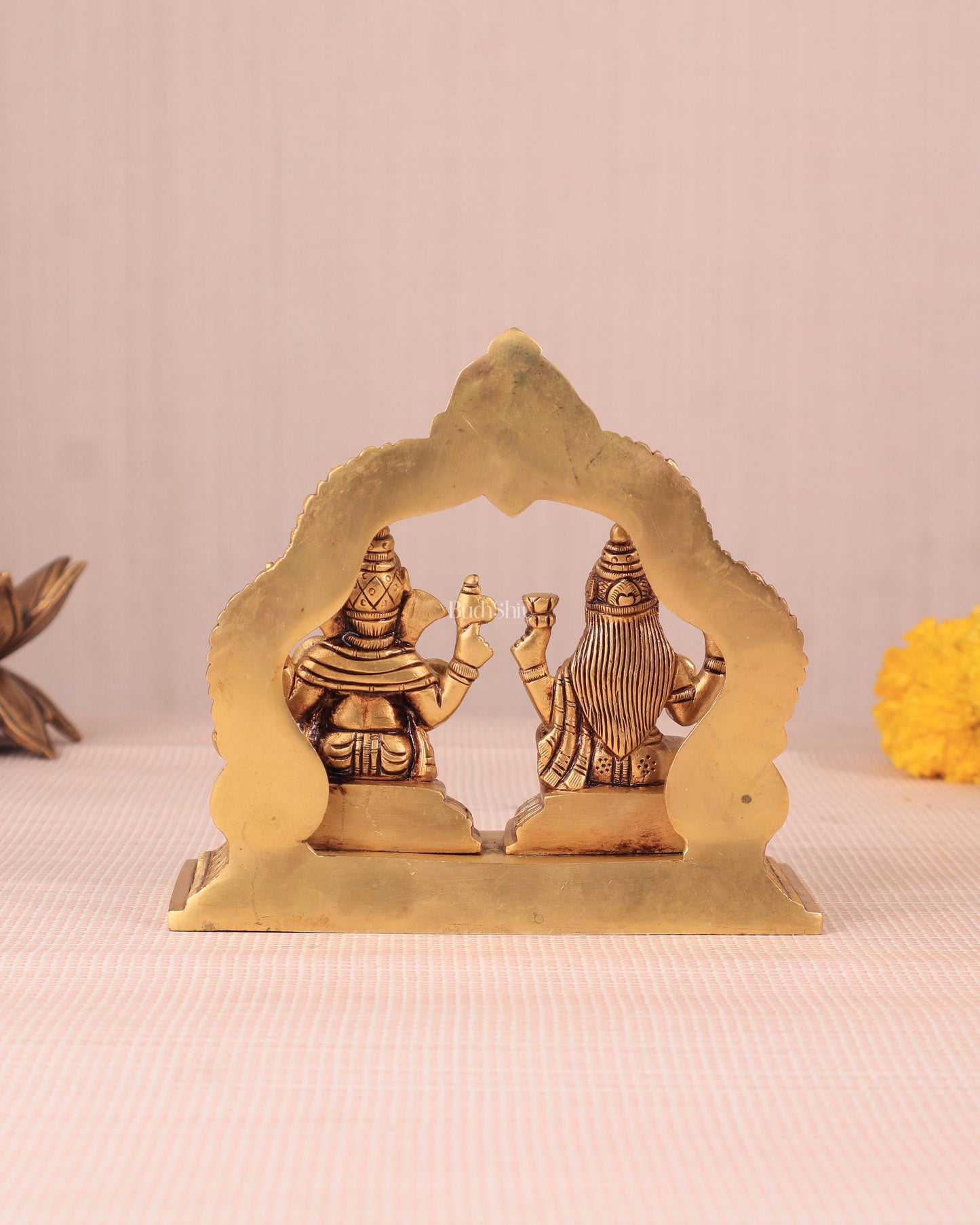 Pure Brass Lord Ganesha and Lakshmi Seated Together Idol - 5.5"