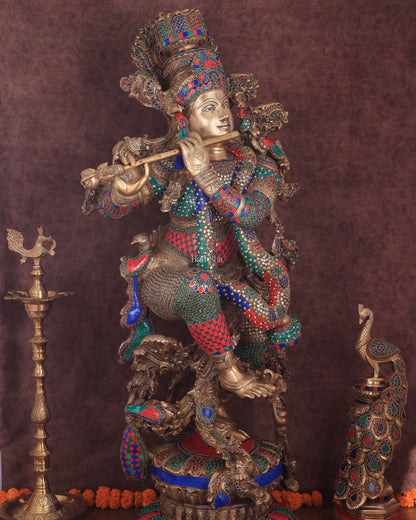 Lord Krishna Brass statue large size meenakari- 43 inch/3.75 feet