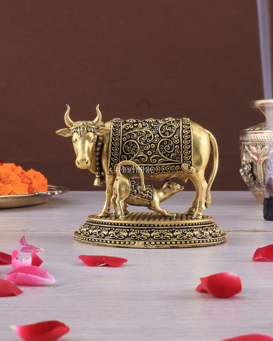 Intricate Brass antique Small Kamdhenu Cow with Calf Idol - 3.5-inch golden tone