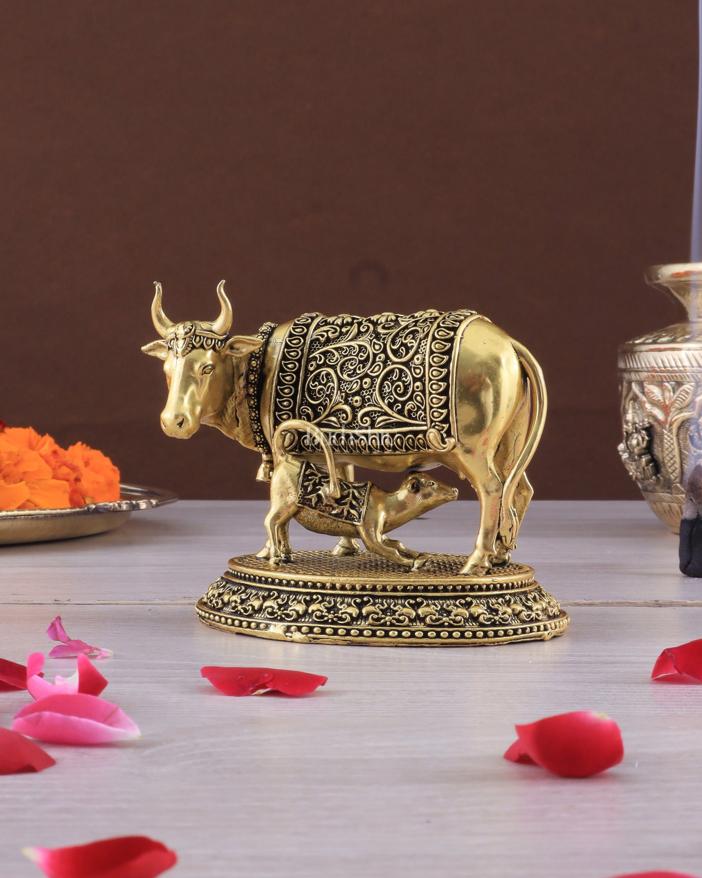 Intricate Brass antique Small Kamdhenu Cow with Calf Idol - 3.5-inch golden tone