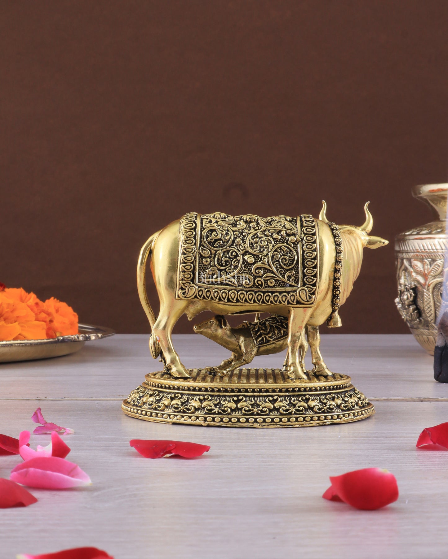 Intricate Brass antique Small Kamdhenu Cow with Calf Idol - 3.5-inch golden tone