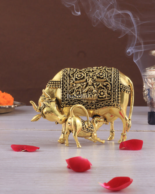 Intricate Small Brass Kamdhenu Cow with Calf Idol - 3.5" Tall golden tone