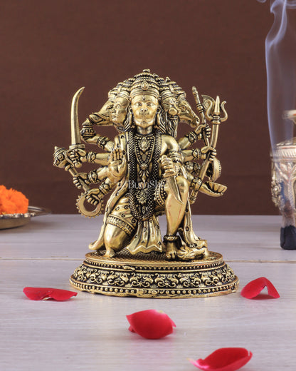 Pure Brass Panchmukhi Hanuman Idol - 4 inch golden tone