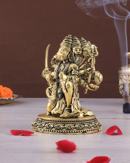 Pure Brass Panchmukhi Hanuman Idol - 4 inch golden tone