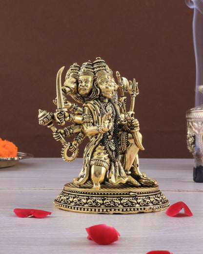 Pure Brass Panchmukhi Hanuman Idol - 4 inch golden tone