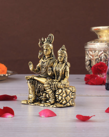 Pure Brass Superfine Intricate Shiv Parvati Idol - 5" Tall golden tone