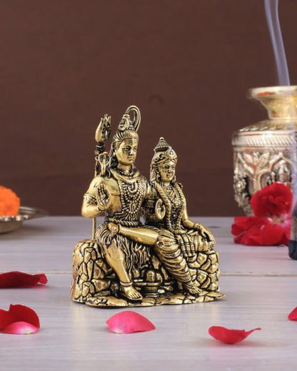 Pure Brass Superfine Intricate Shiv Parvati Idol - 5" Tall golden tone