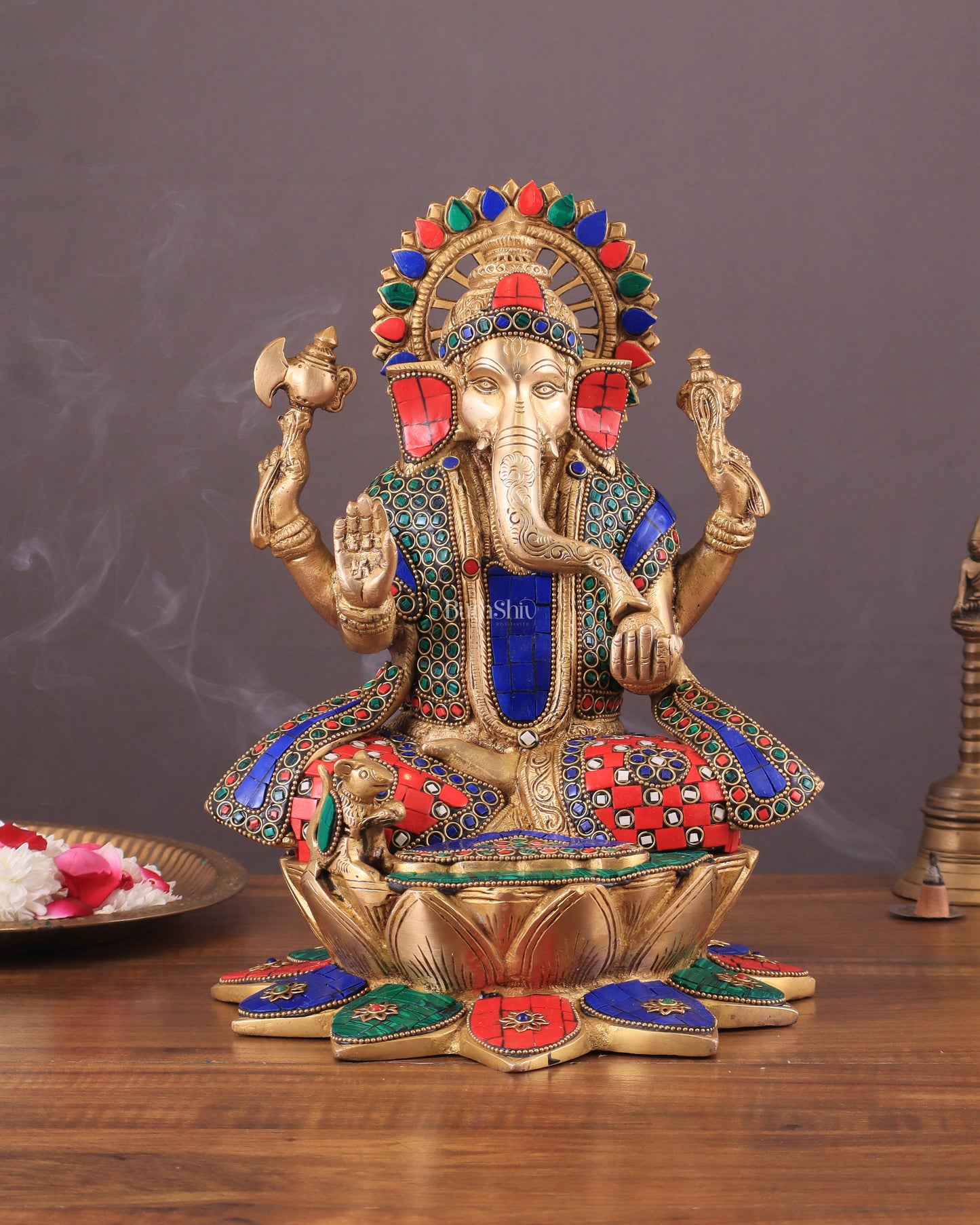 Pure Brass Lord Ganesha on Lotus statue | 11 Inch meenakari