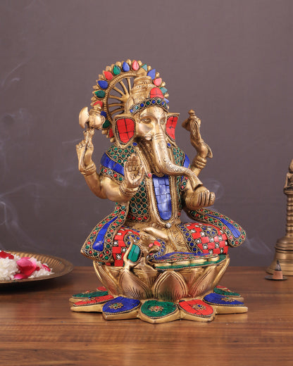 Pure Brass Lord Ganesha on Lotus statue | 11 Inch meenakari