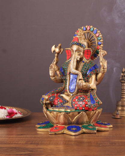 Pure Brass Lord Ganesha on Lotus statue | 11 Inch meenakari