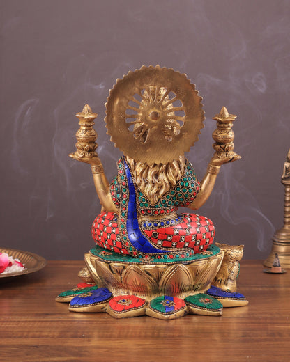 Pure Brass Lakshmi with Owl Idol Seated on Lotus | 11 Inch meenakari