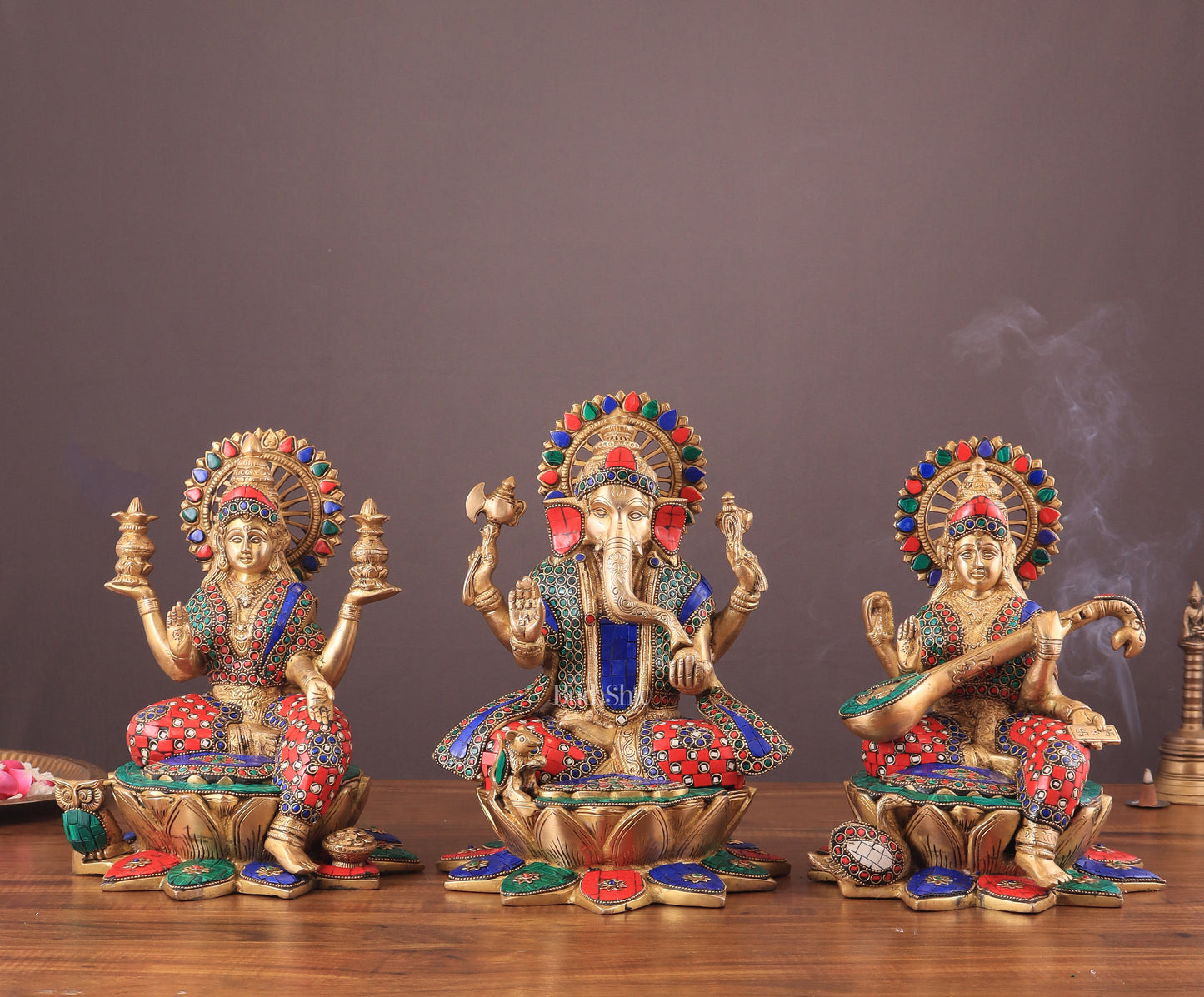 Pure Brass Ganesh Lakshmi Saraswati idols Set - 12" meenakari idols