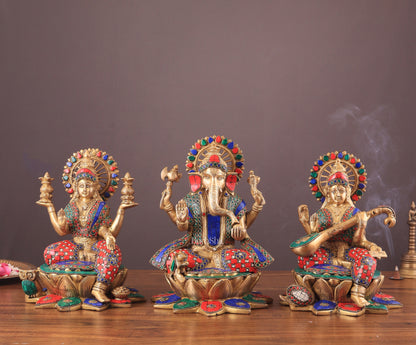 Pure Brass Ganesh Lakshmi Saraswati idols Set - 12" meenakari idols