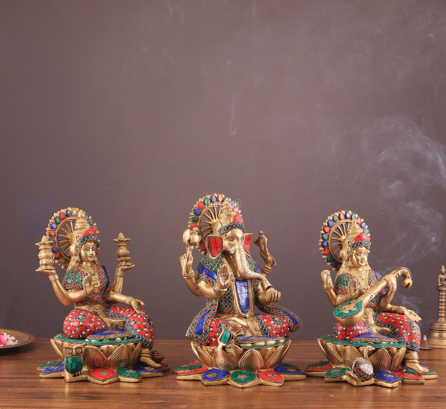 Pure Brass Ganesh Lakshmi Saraswati idols Set - 12" meenakari idols