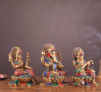 Pure Brass Ganesh Lakshmi Saraswati idols Set - 12" meenakari idols