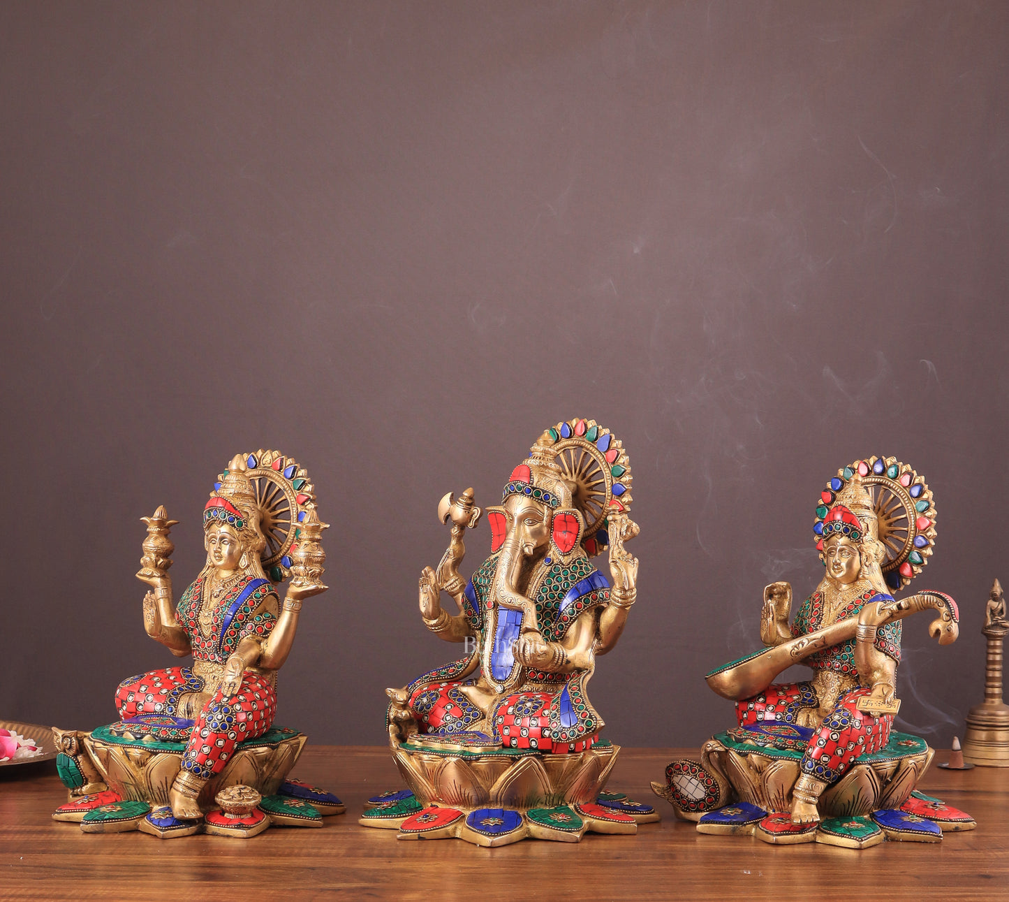 Pure Brass Ganesh Lakshmi Saraswati idols Set - 12" meenakari idols