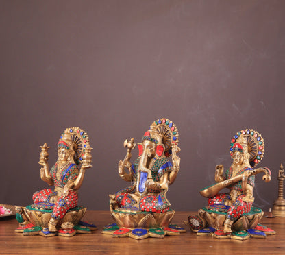 Pure Brass Ganesh Lakshmi Saraswati idols Set - 12" meenakari idols