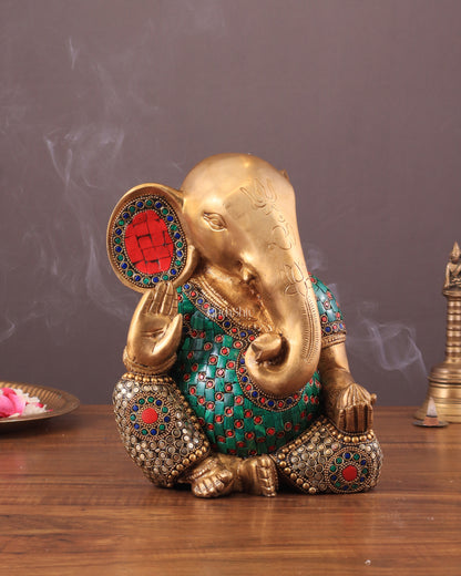 Pure Brass Modern Ganesha Idol with Abstract Design and Stonework 9.5"