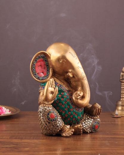 Pure Brass Modern Ganesha Idol with Abstract Design and Stonework 9.5"