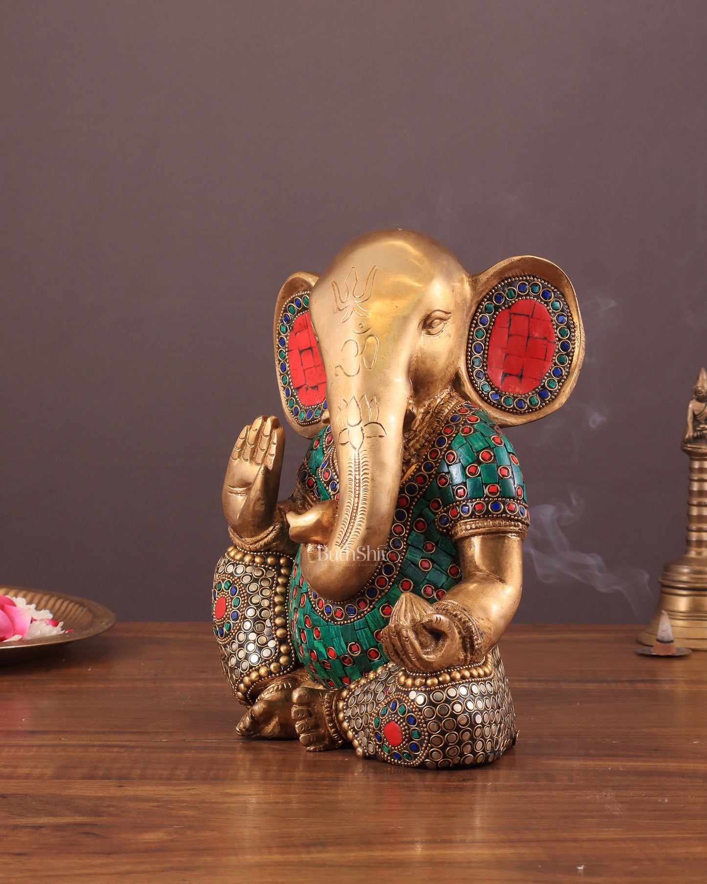 Pure Brass Modern Ganesha Idol with Abstract Design and Stonework 9.5"