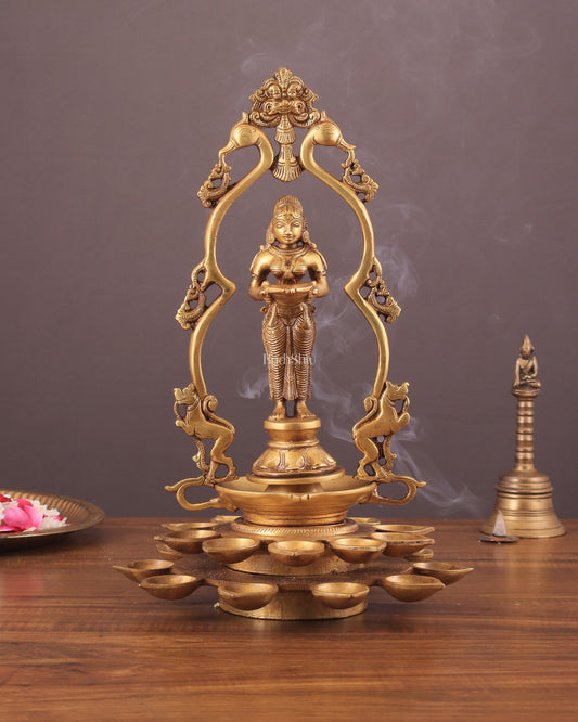 Pure Brass Pavai Deep Lady Lakshmi Statue with Multiple Diyas - 14"