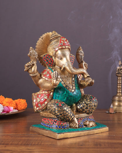 Pure Brass Ganesha Statue with Meenakari Work 10"